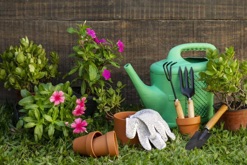 A watering pot in pollinator friendly garden.